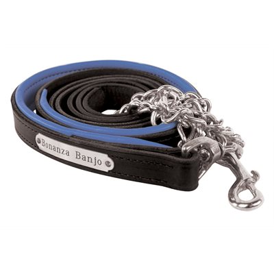 BLACK / BLUE PADDED LEATHER LEAD W / PLATE