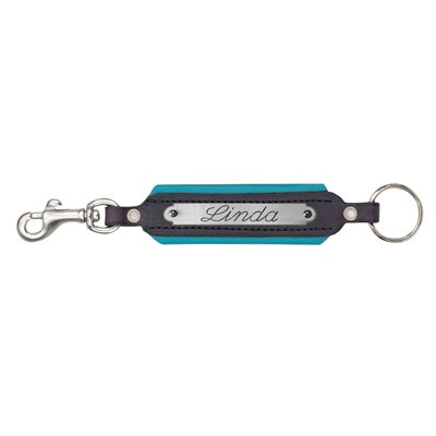 BLACK / TURQUOISE PADDED LEATHER KEY CHAIN W / PLATE