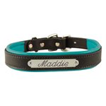 LARGE BLACK / TURQUOISE PADDED LEATHER DOG COLLAR W / PLATE