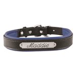 EXTRA SMALL BLACK / BLUE PADDED LEATHER DOG COLLAR W / PLATE