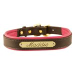 HAVANA / PINK EXTRA SMALL PADDED LEATHER DOG COLLAR W / PLATE