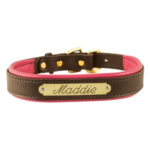 HAVANA / PINK EXTRA SMALL PADDED LEATHER DOG COLLAR W / PLATE
