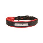 LARGE BLACK / METALLIC RED PADDED LEATHER DOG COLLAR W / PLATE