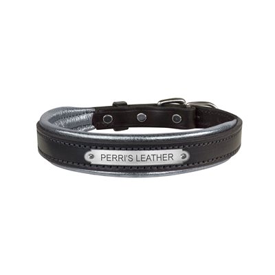 SMALL BLACK / METALLIC SILVER PADDED LEATHER DOG COLLAR W / PLATE