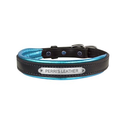 SMALL BLACK / METALLIC TURQUOISE PADDED LEATHER DOG COLLAR W / PLATE