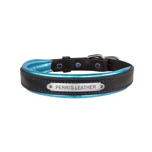 SMALL BLACK / METALLIC TURQUOISE PADDED LEATHER DOG COLLAR W / PLATE