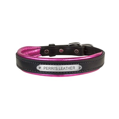 EXTRA SMALL BLACK / METALLIC PINK PADDED LEATHER DOG COLLAR W / PLATE