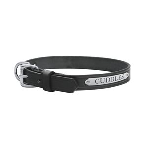 SMALL BLACK LEATHER DOG COLLAR W / PLATE